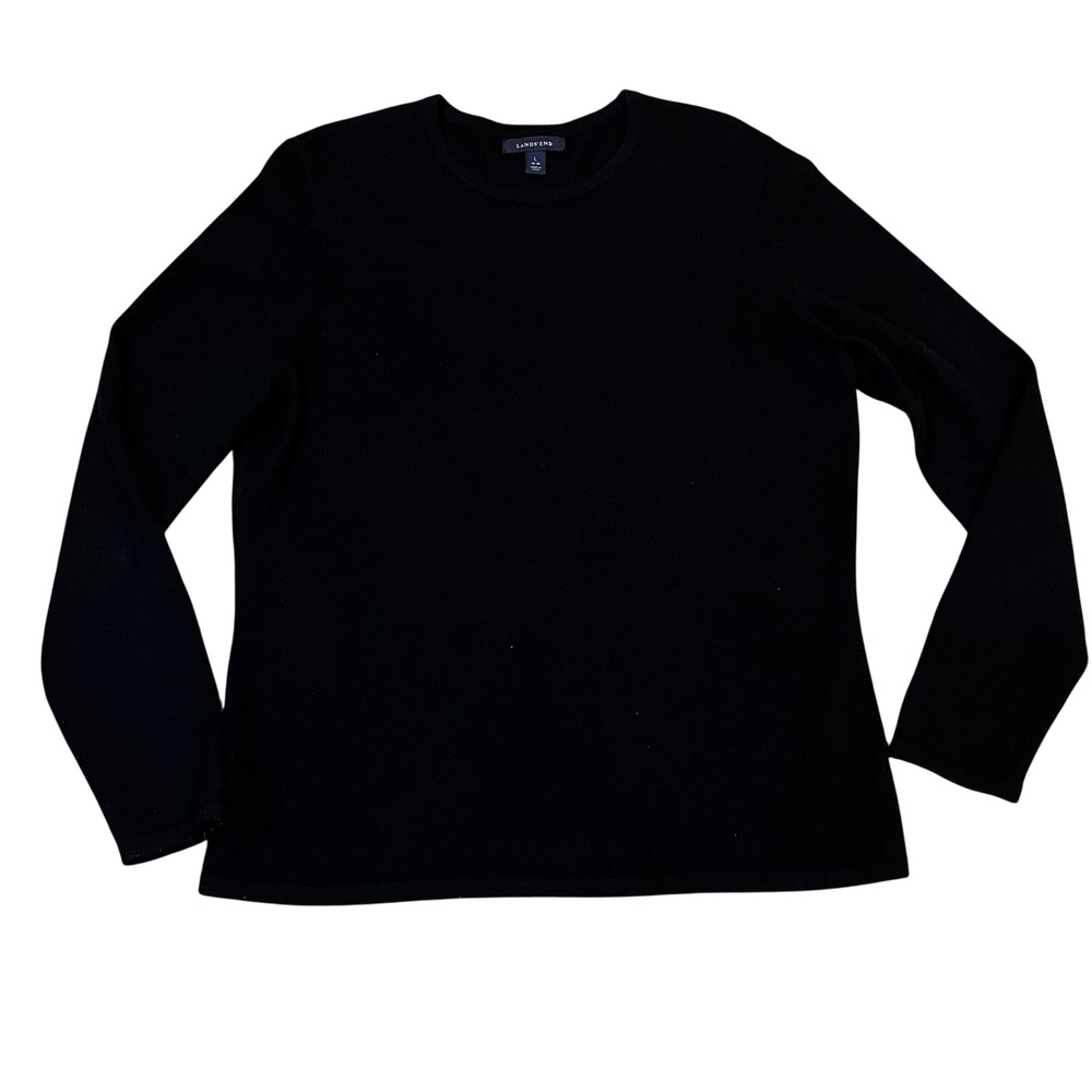 Lands End Womens Black 100% Cashmere Crewneck Pullover Sweater L Quiet Luxury